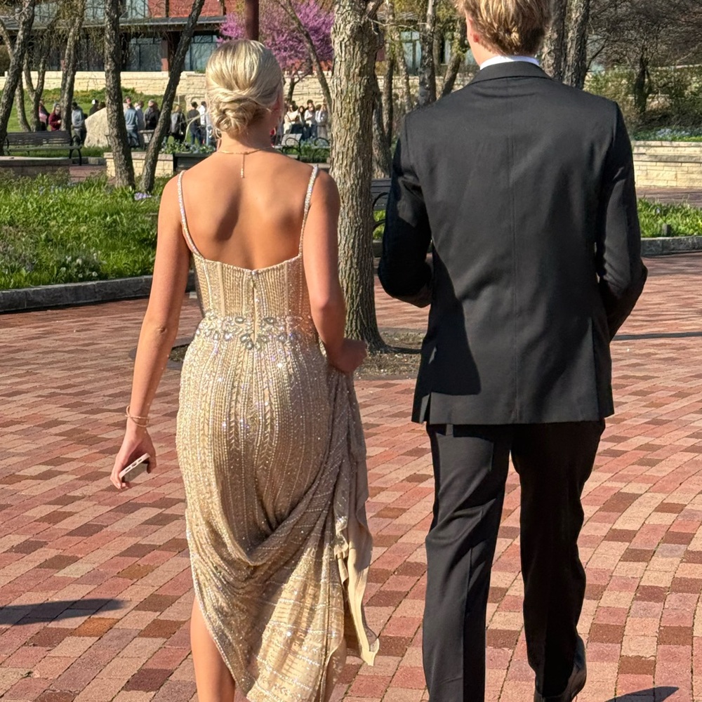 Jovani Champagne Sequin Gown